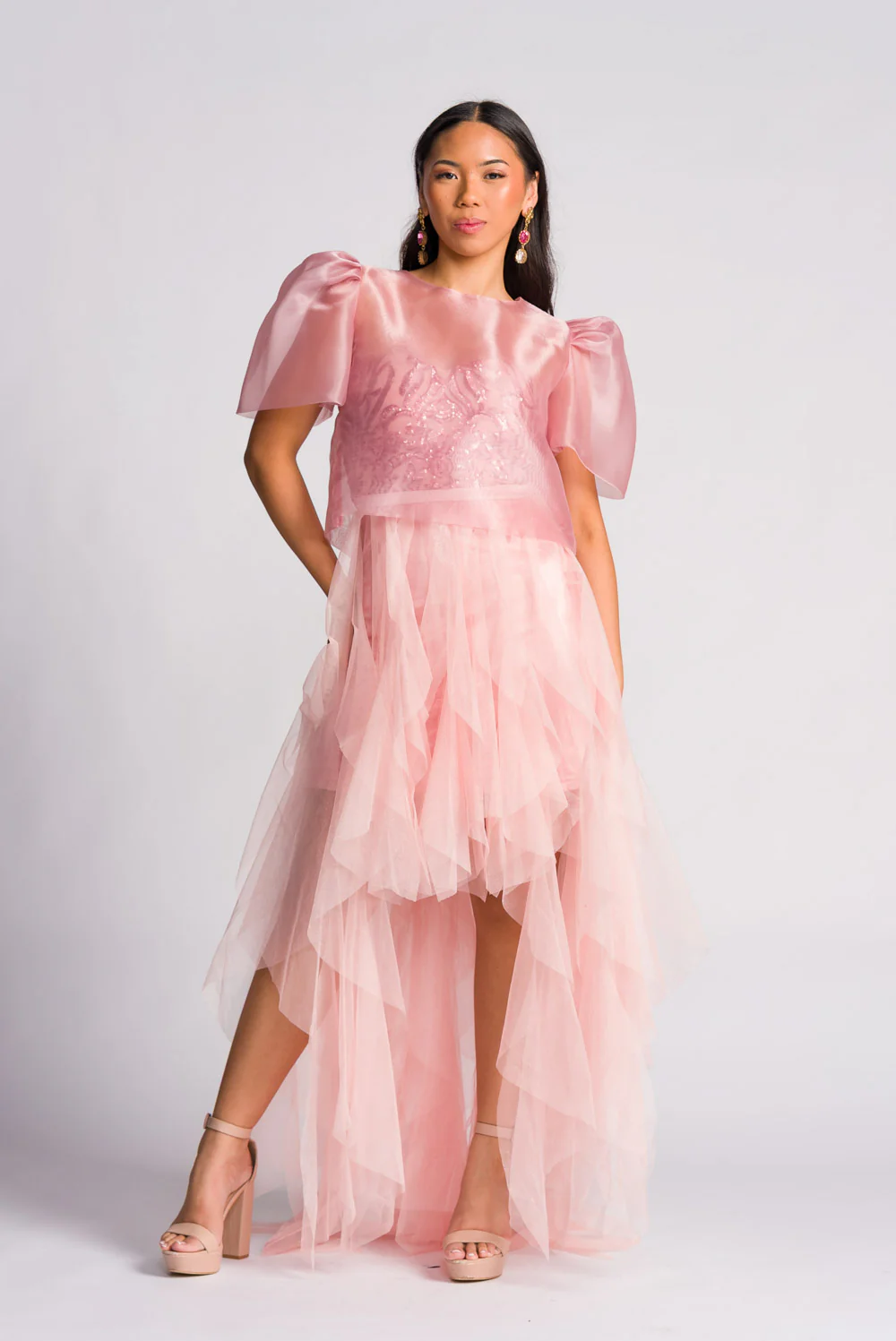 'Dahlia' Ribbon Tie-Up Modern Filipiniana Blouse (Blush Pink) - Image 3