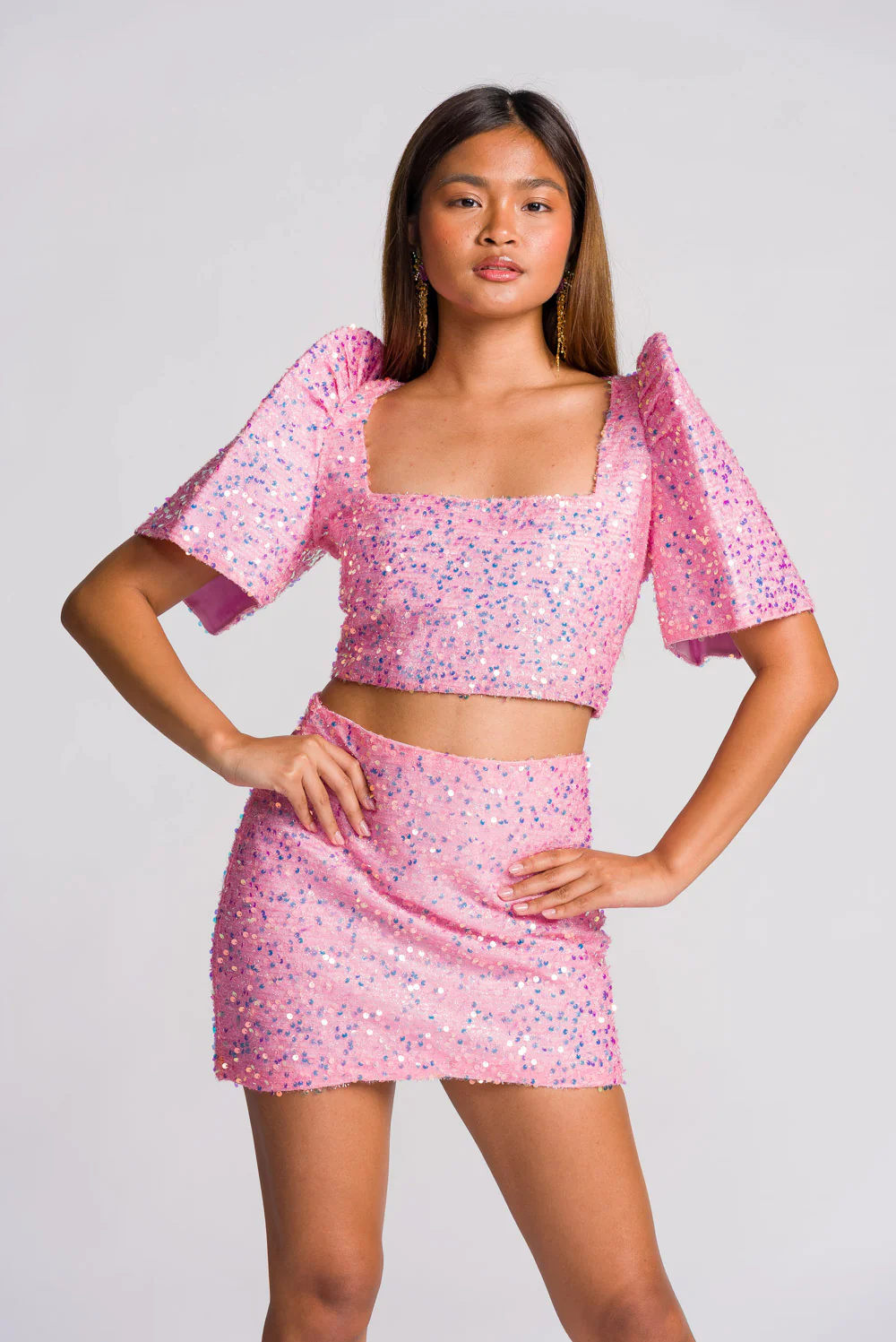 'Binibini' Sequin Modern Filipiniana Crop Top (Pastel Pink) - Image 3