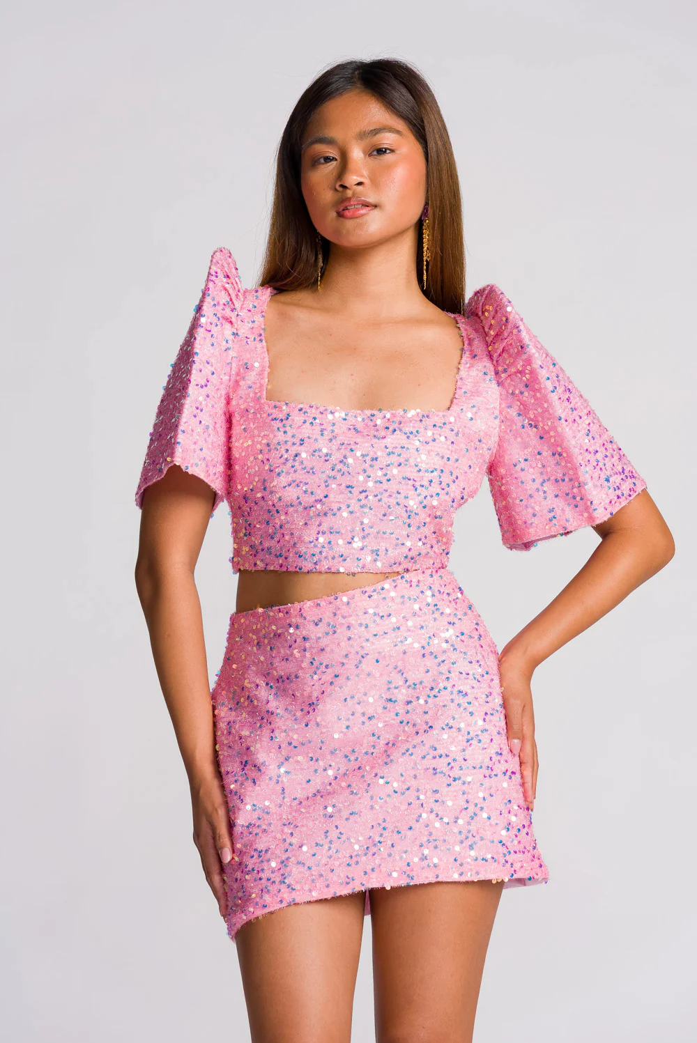 'Binibini' Sequin Modern Filipiniana Crop Top (Pastel Pink) - Image 4