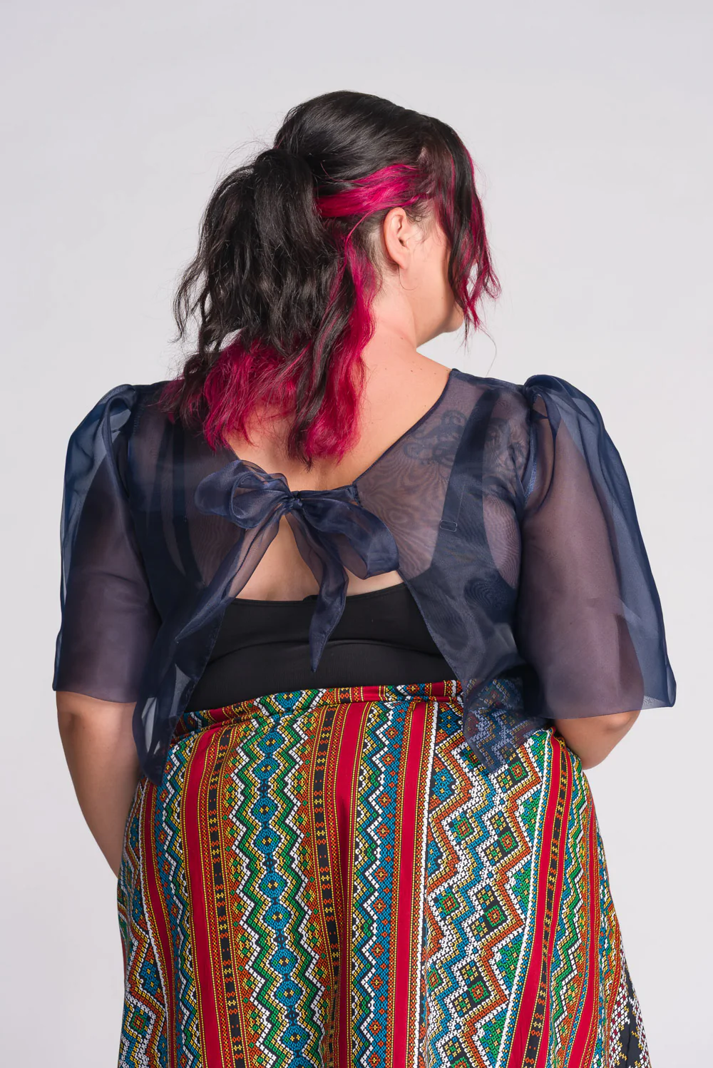 'Dahlia' Ribbon Tie-Up Modern Filipiniana Blouse (Navy Blue) - Image 18